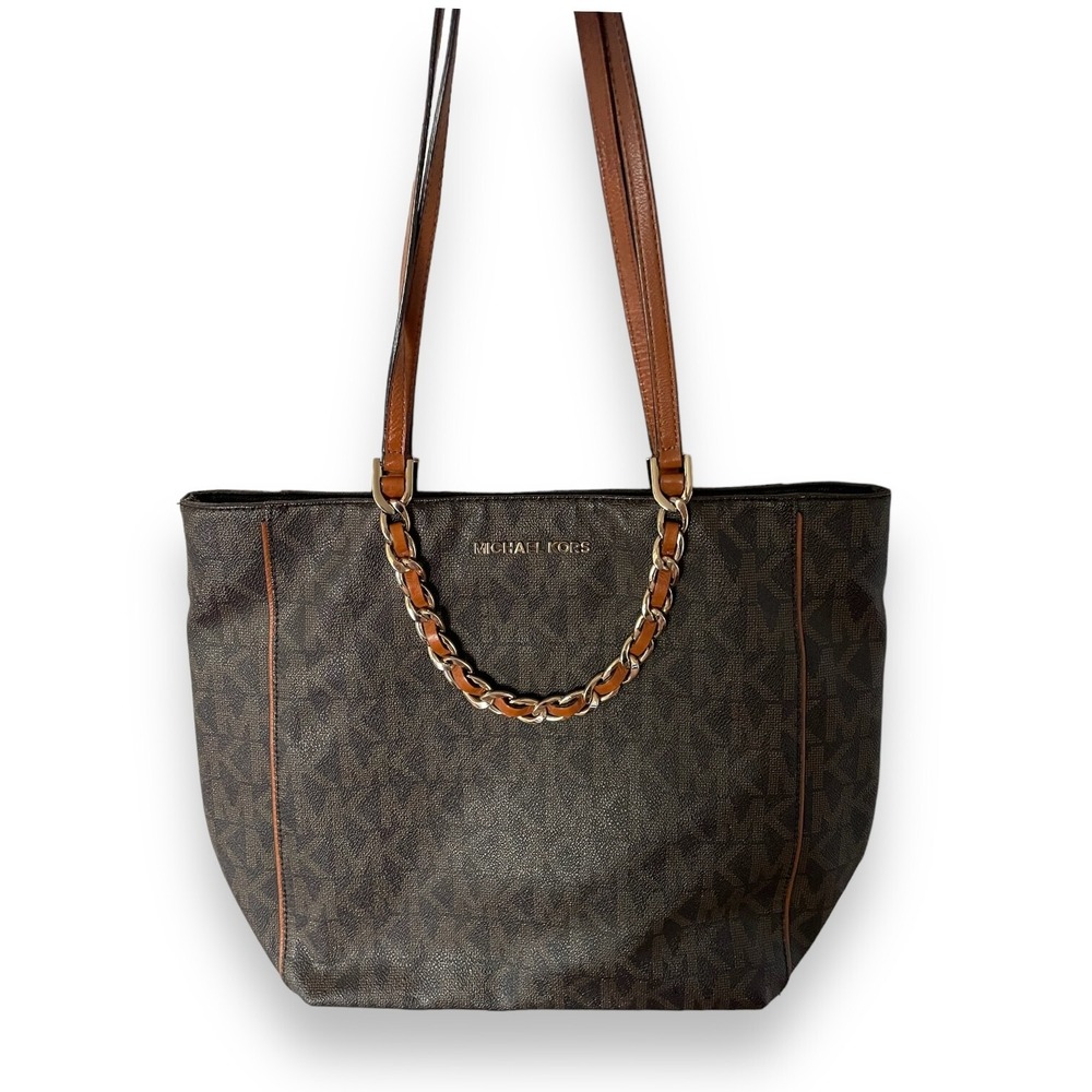 Michael Kors Handbag Brown Signature Harper Large Tote Logo Gold Chain East West